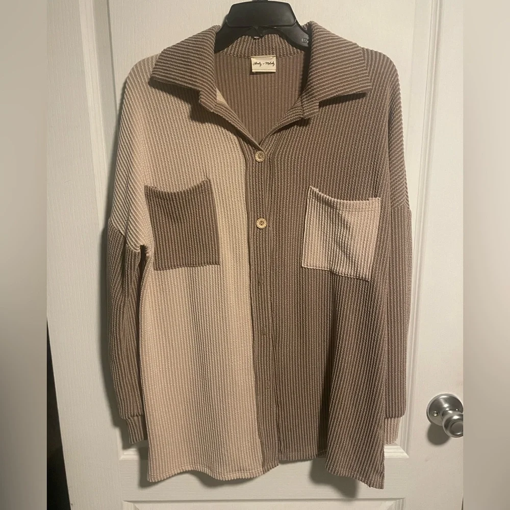 Relaxed Fit Button Down Ribbed Shacket, Two Toned, Taupe/Tan, oversized, small - Picture 2 of 7
